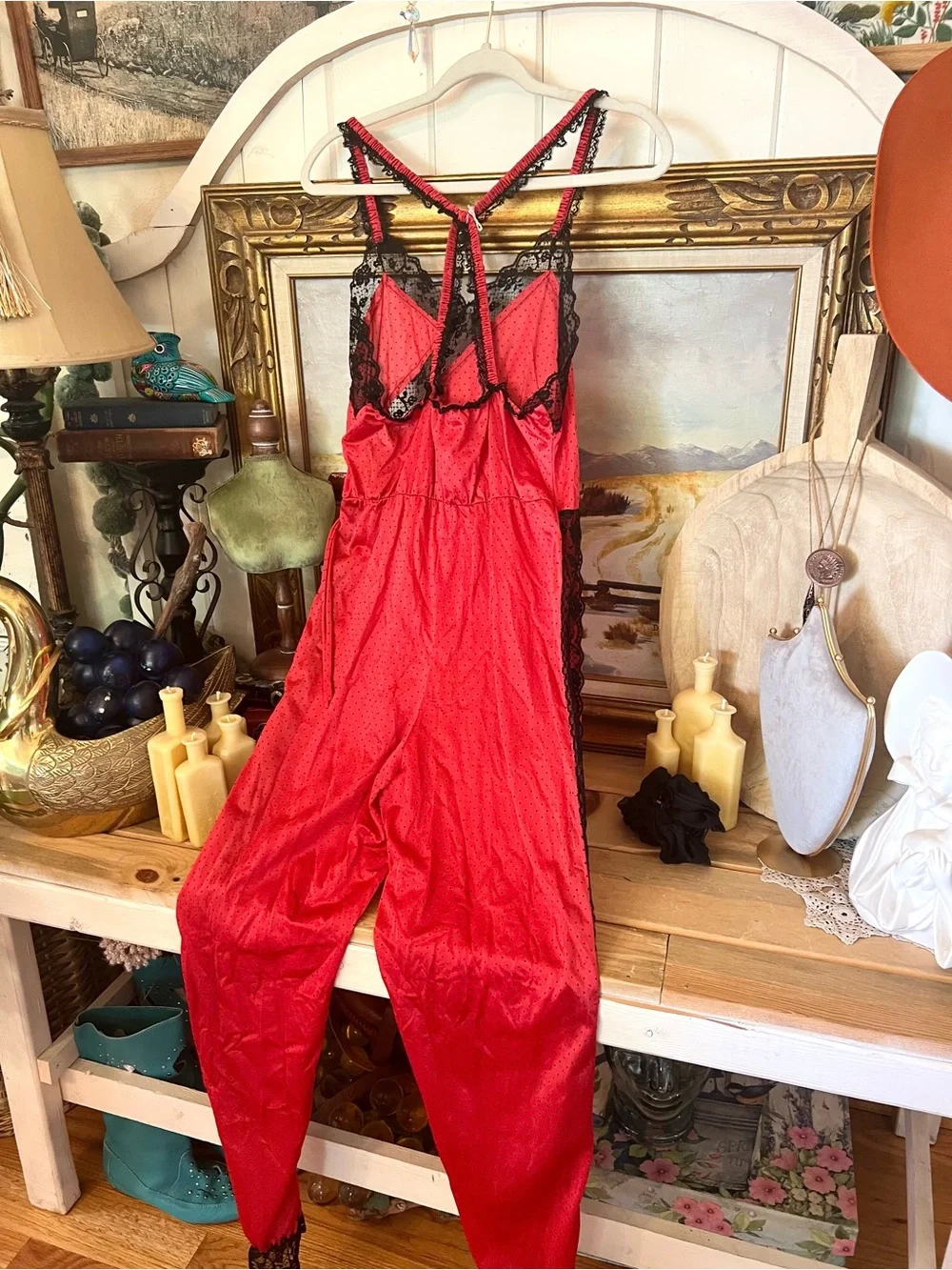 Vintage Petra Fashions Lingerie Babydoll Jumpsuit Red/Black Polka Dot Lace Trim